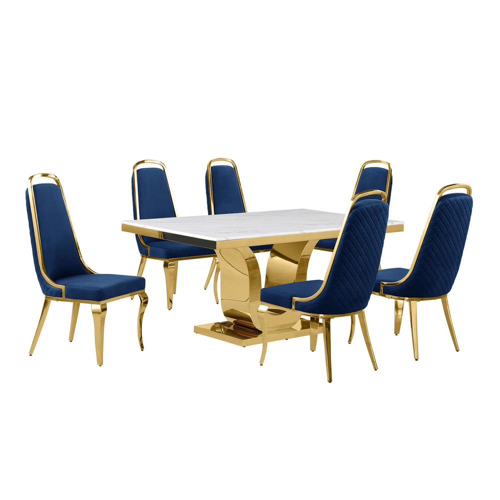 7pc Small(66″) marble top dining set with gold base and 6 Navy blue side chairs