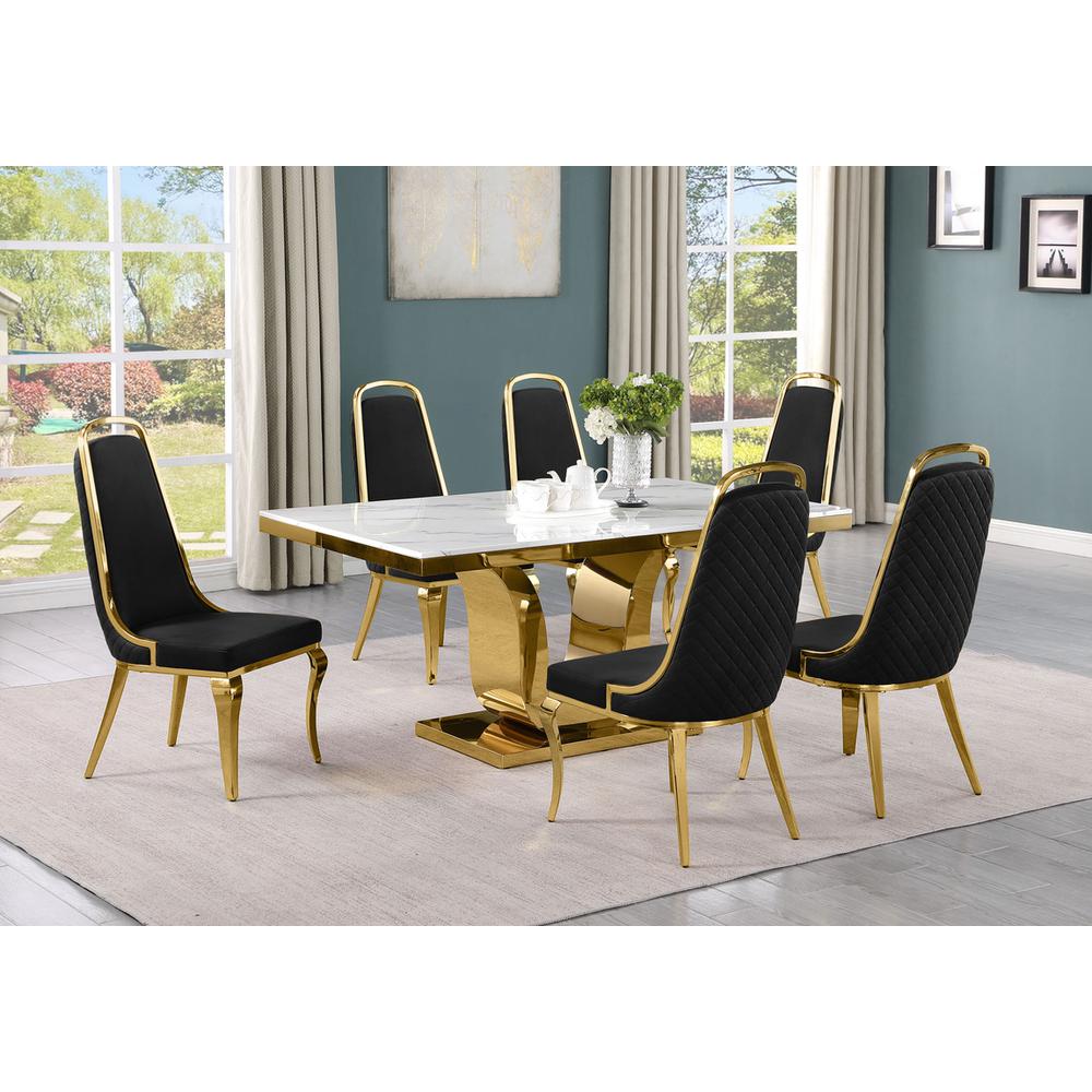 7pc Small(66″) marble top dining set with gold base and 6 Black side chairs
