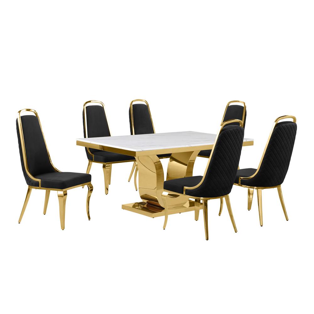 7pc Small(66″) marble top dining set with gold base and 6 Black side chairs