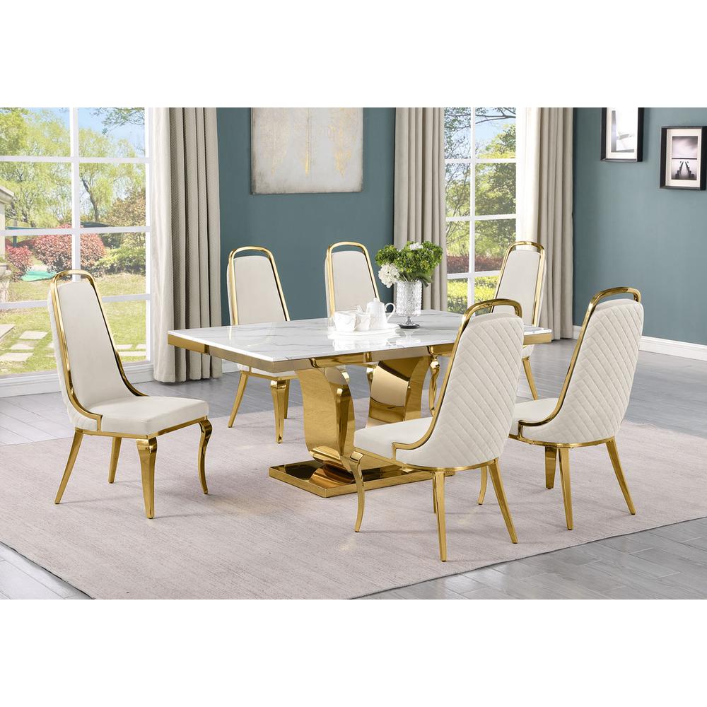 7pc Small(66″) marble top dining set with gold base and 6 Cream side chairs