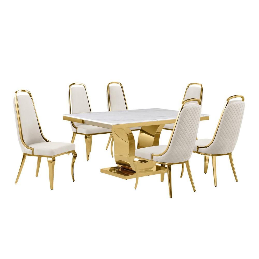 7pc Small(66″) marble top dining set with gold base and 6 Cream side chairs