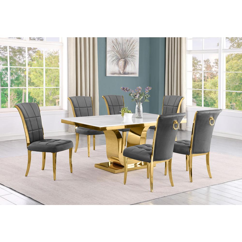 7pc Small(66″) marble top dining set with gold base and 6 Dark grey side chairs