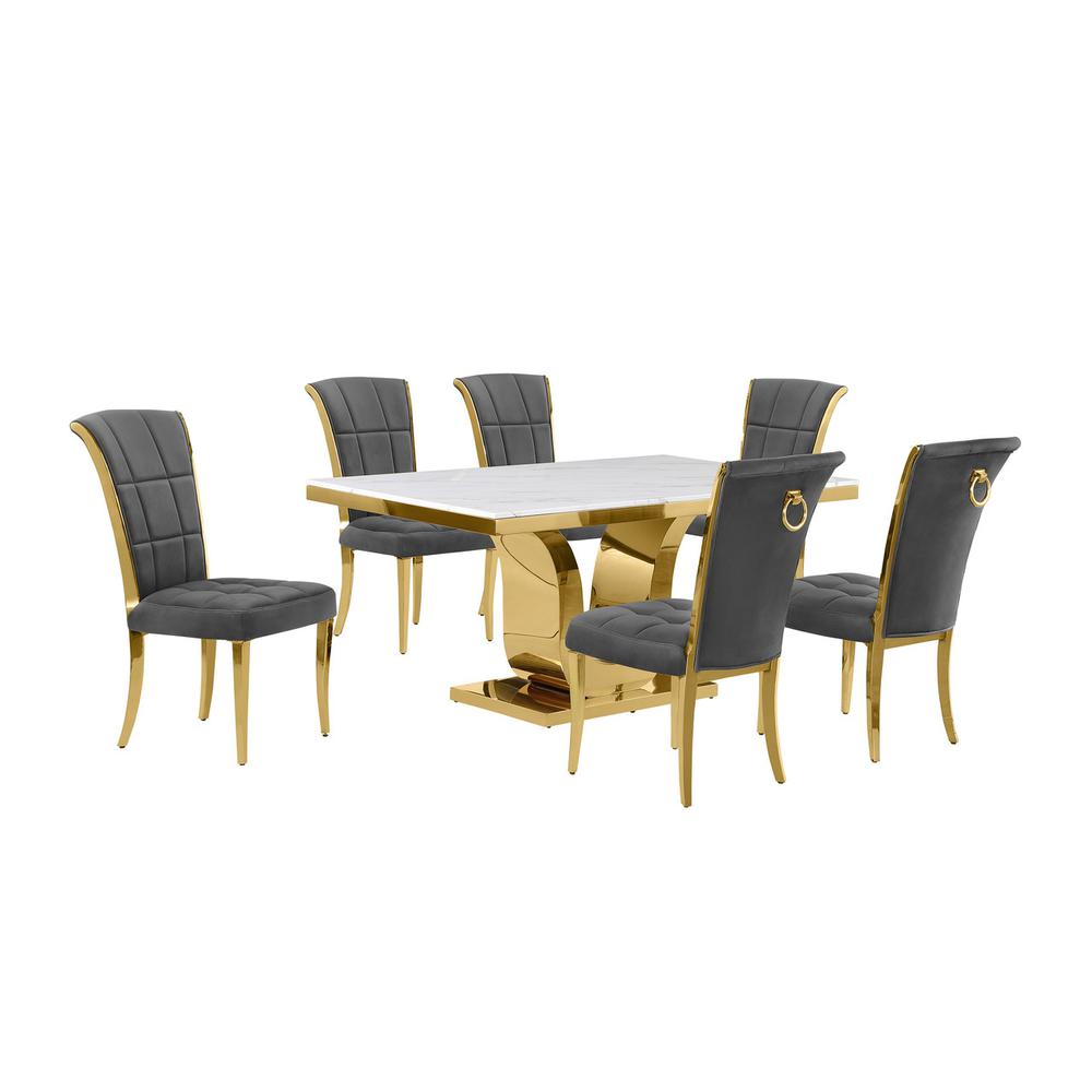 7pc Small(66″) marble top dining set with gold base and 6 Dark grey side chairs