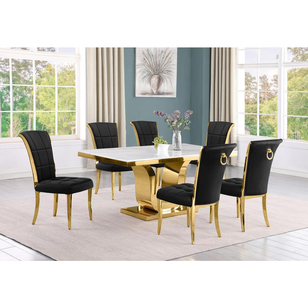 7pc Small(66″) marble top dining set with gold base and 6 Black side chairs