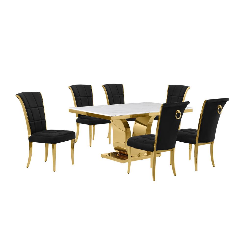 7pc Small(66″) marble top dining set with gold base and 6 Black side chairs