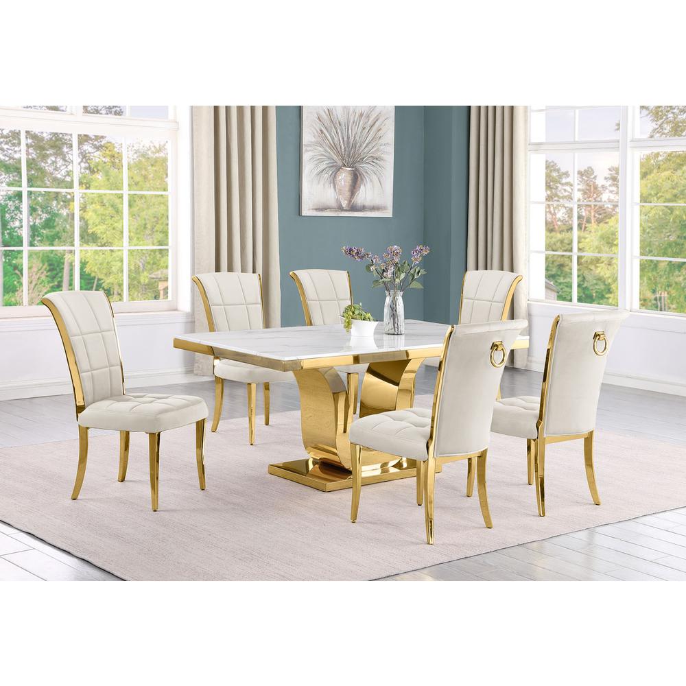 7pc Small(66″) marble top dining set with gold base and 6 Cream side chairs