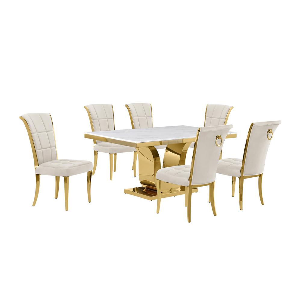 7pc Small(66″) marble top dining set with gold base and 6 Cream side chairs