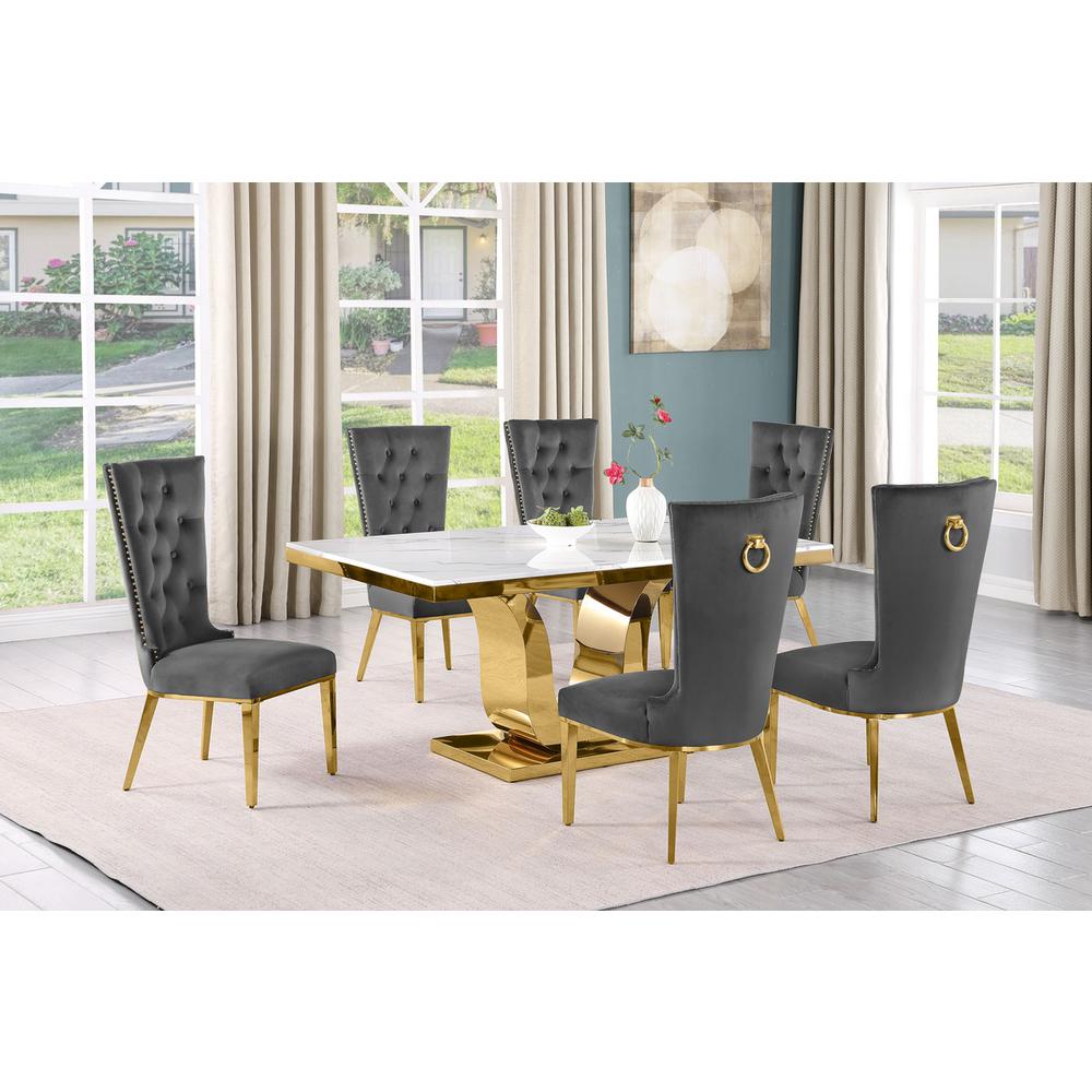7pc Small(66″) marble stop dining set with gold base and 6 Dark grey chairs