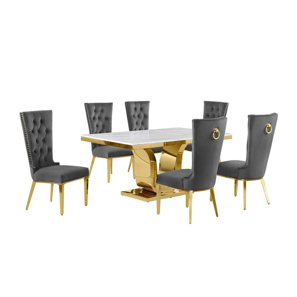 7pc Small(66″) marble stop dining set with gold base and 6 Dark grey chairs