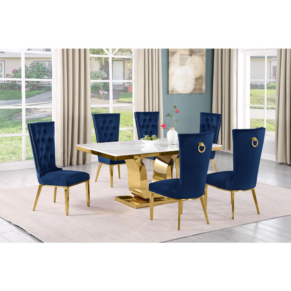 7pc Small(66″) marble stop dining set with gold base and 6 Navy blue side chairs