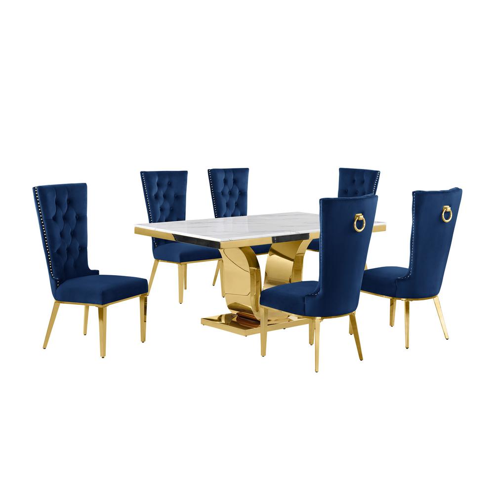 7pc Small(66″) marble stop dining set with gold base and 6 Navy blue side chairs