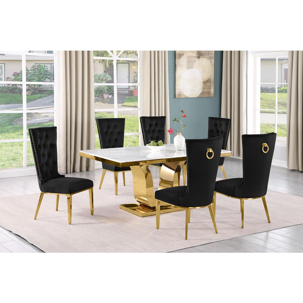 7pc Small(66″) marble stop dining set with gold base and 6 Black side chairs