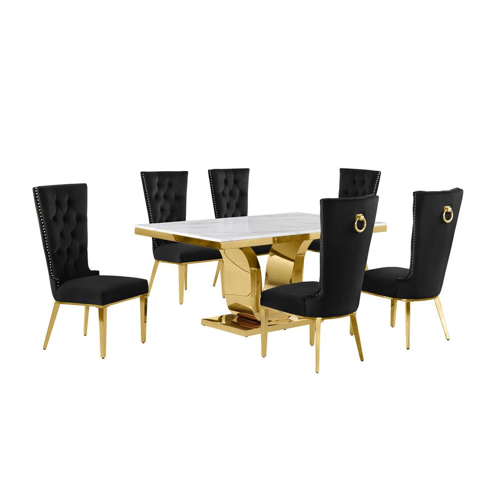 7pc Small(66″) marble stop dining set with gold base and 6 Black side chairs