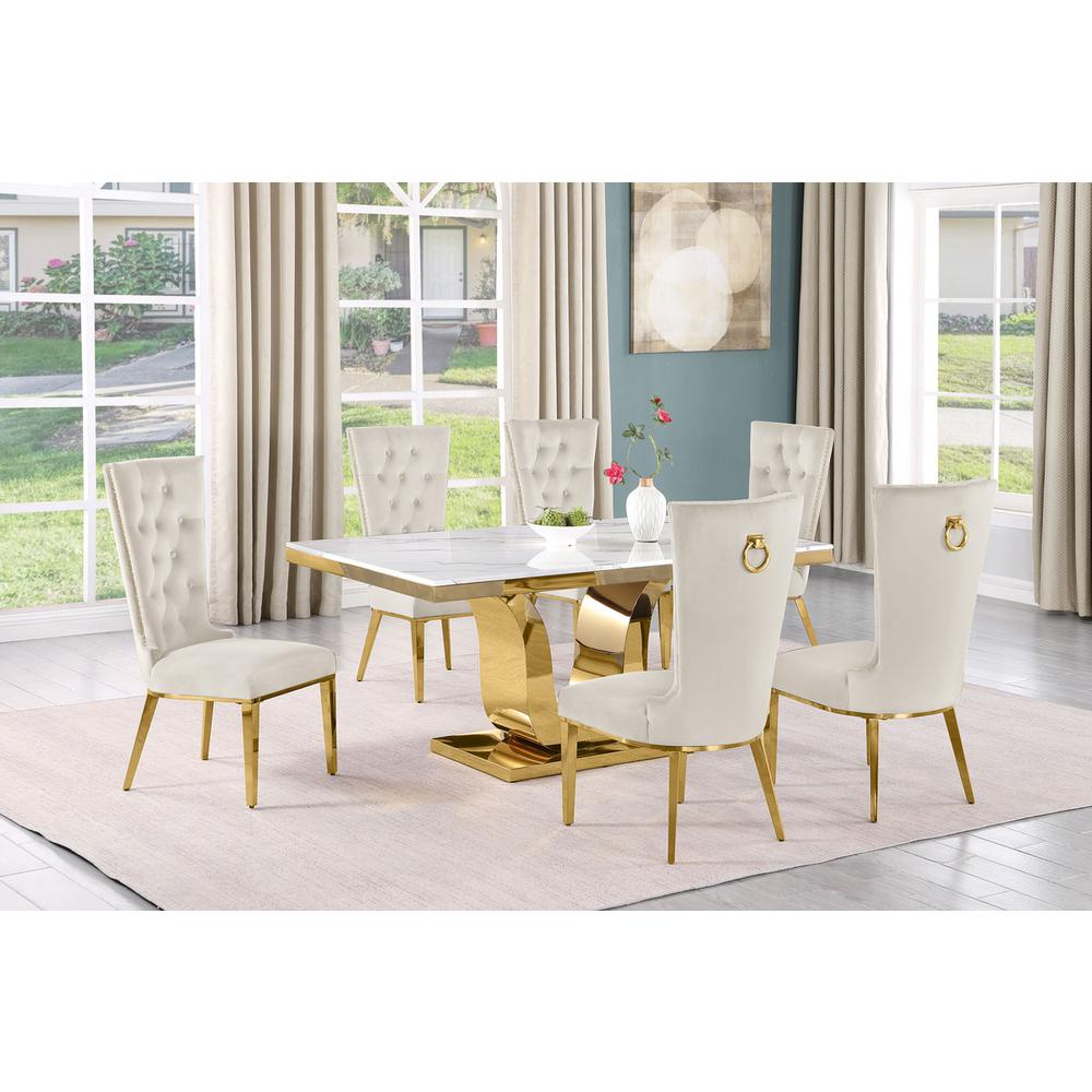 7pc Small(66″) marble stop dining set with gold base and 6 Cream side chairs