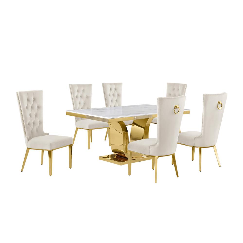 7pc Small(66″) marble stop dining set with gold base and 6 Cream side chairs