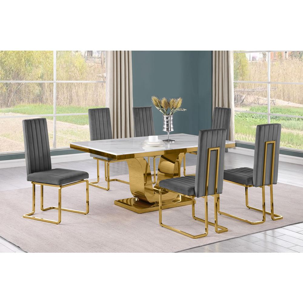 7pc Small(66″) marble stop dining set with gold base and 6 Dark grey chairs