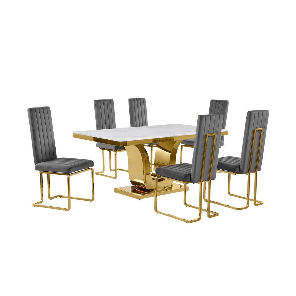 7pc Small(66″) marble stop dining set with gold base and 6 Dark grey chairs