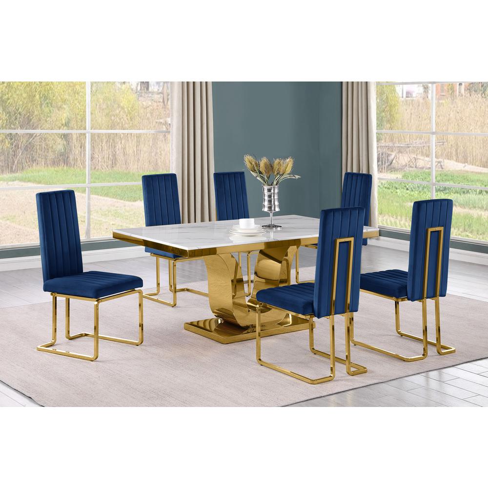 7pc Small(66″) marble stop dining set with gold base and 6 Navy blue side chairs