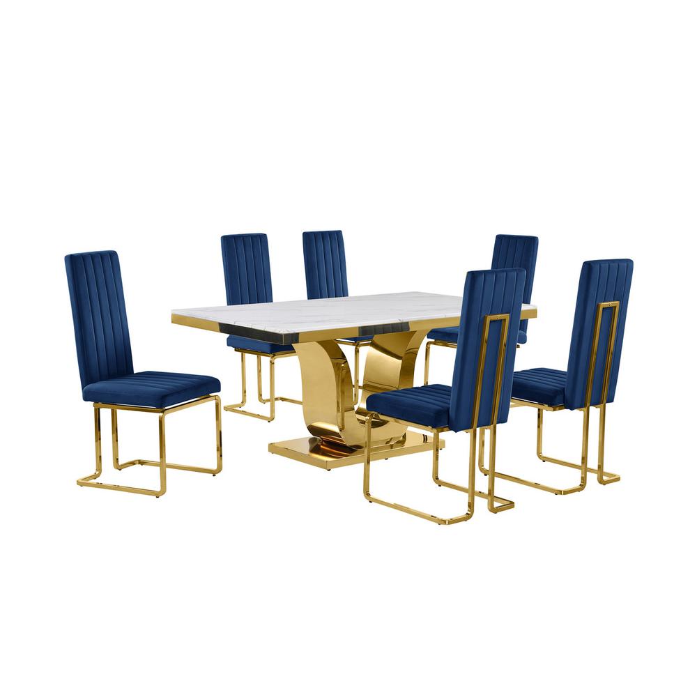 7pc Small(66″) marble stop dining set with gold base and 6 Navy blue side chairs
