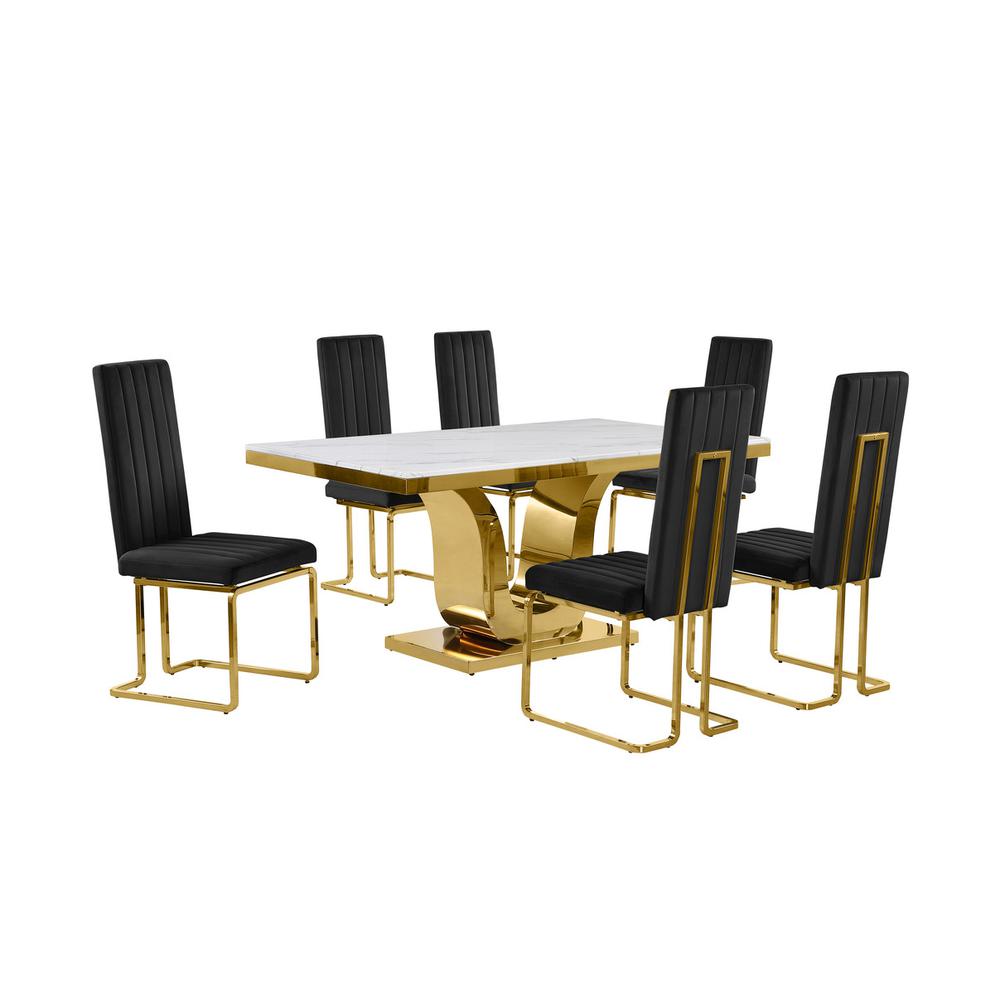 7pc Small(66″) marble stop dining set with gold base and 6 Black side chairs