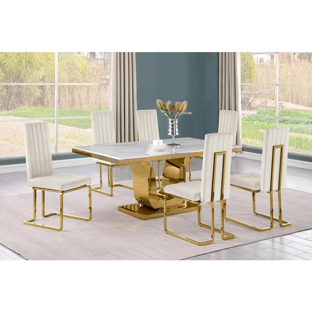 7pc Small(66″) marble stop dining set with gold base and 6 Cream side chairs