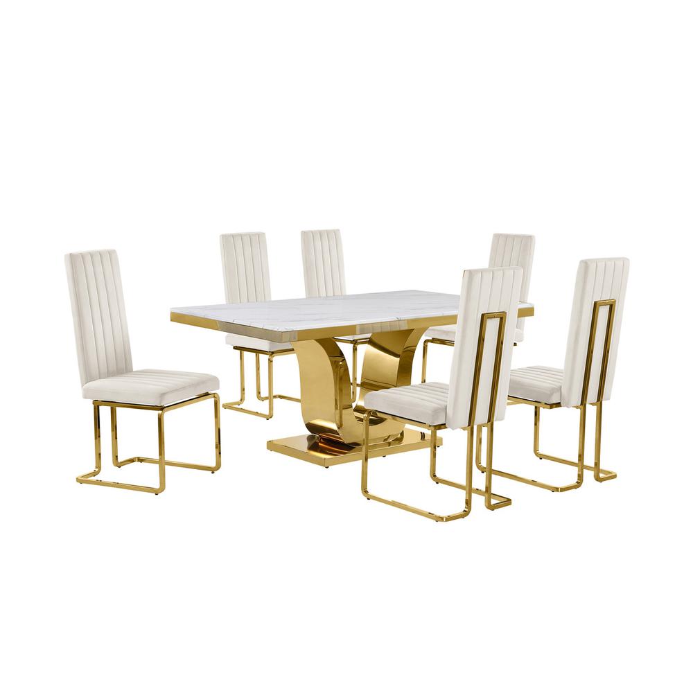 7pc Small(66″) marble stop dining set with gold base and 6 Cream side chairs