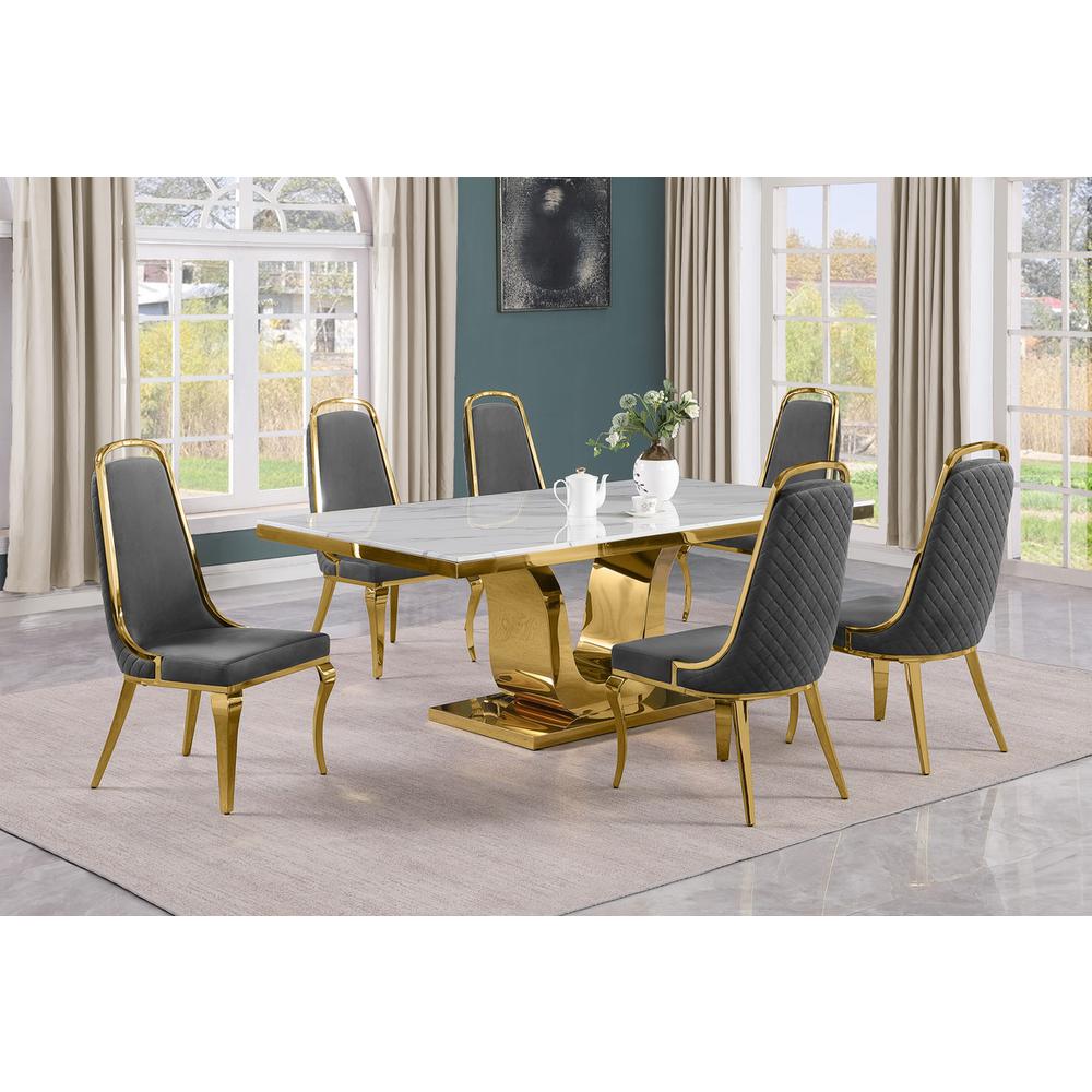 7pc Large(76″) marble top dining set with gold base and 6 Dark grey side chairs