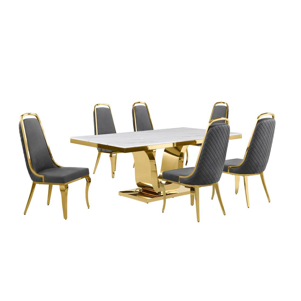 7pc Large(76″) marble top dining set with gold base and 6 Dark grey side chairs