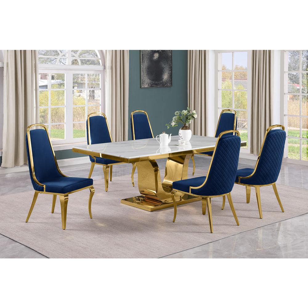 7pc Large(76″) marble top dining set with gold base and 6 Navy blue chairs