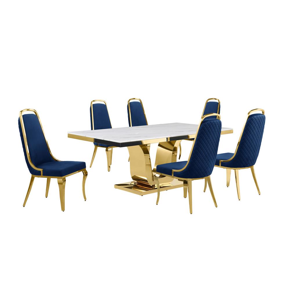 7pc Large(76″) marble top dining set with gold base and 6 Navy blue chairs