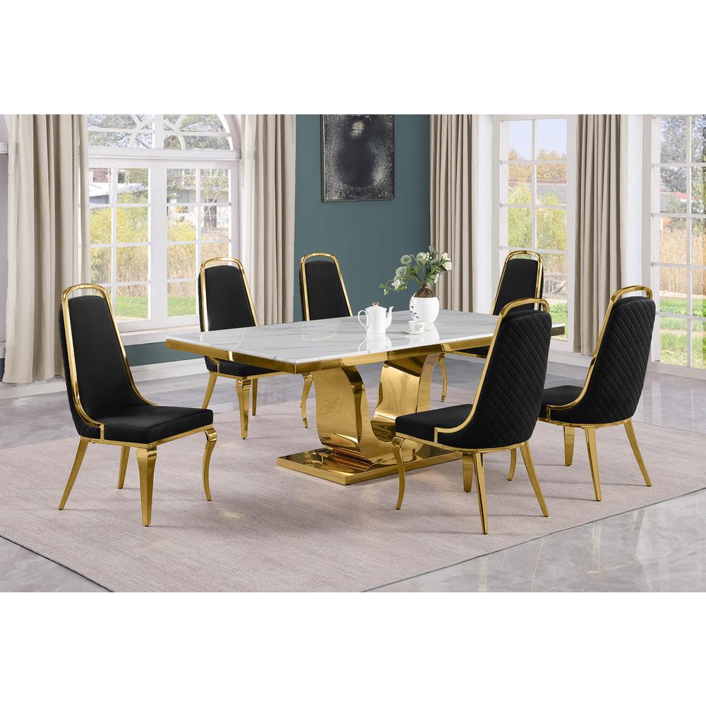 7pc Large(76″) marble top dining set with gold base and 6 Black side chairs