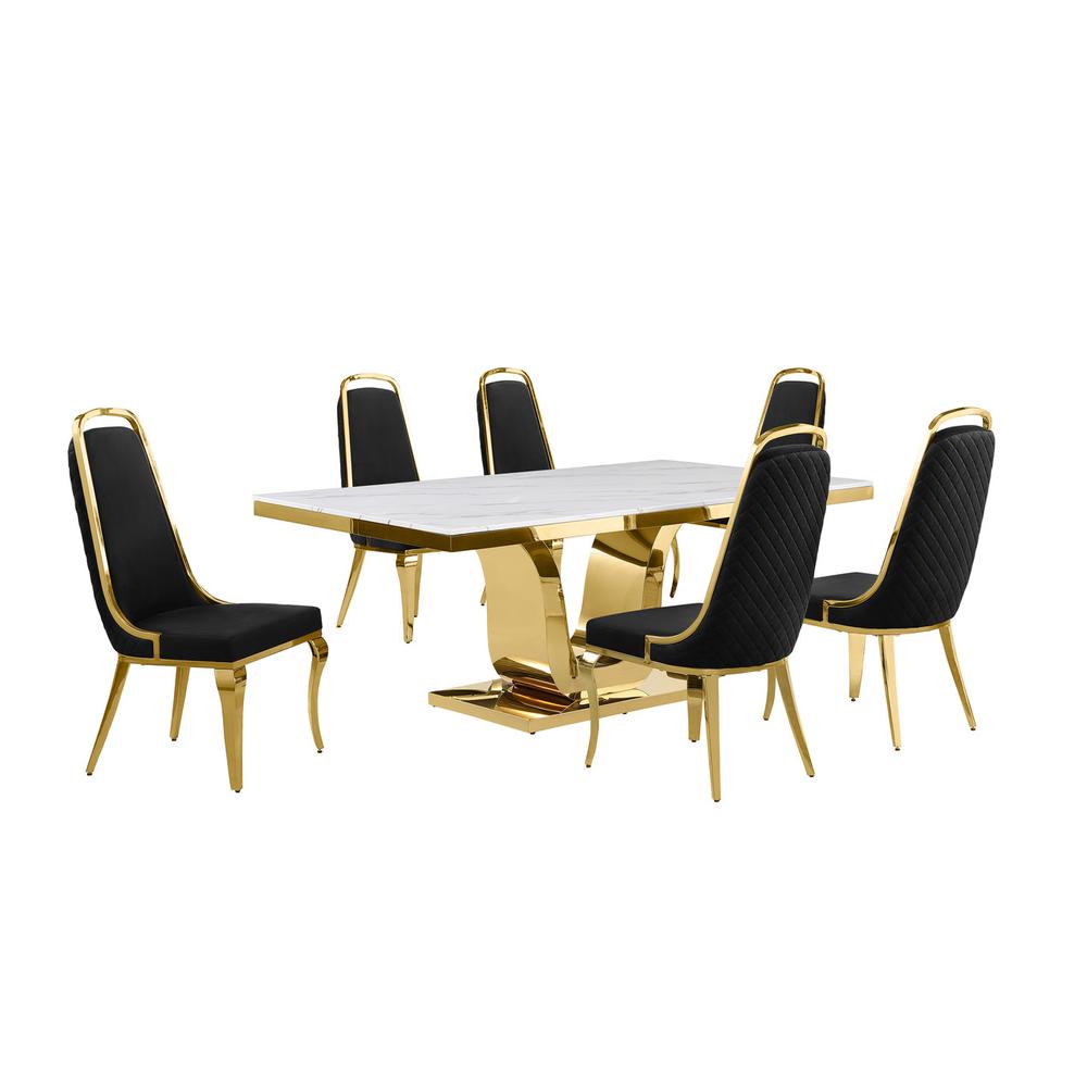 7pc Large(76″) marble top dining set with gold base and 6 Black side chairs