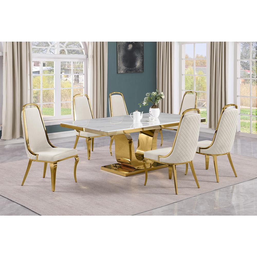 7pc Large(76″) marble top dining set with gold base and 6 Cream side chairs