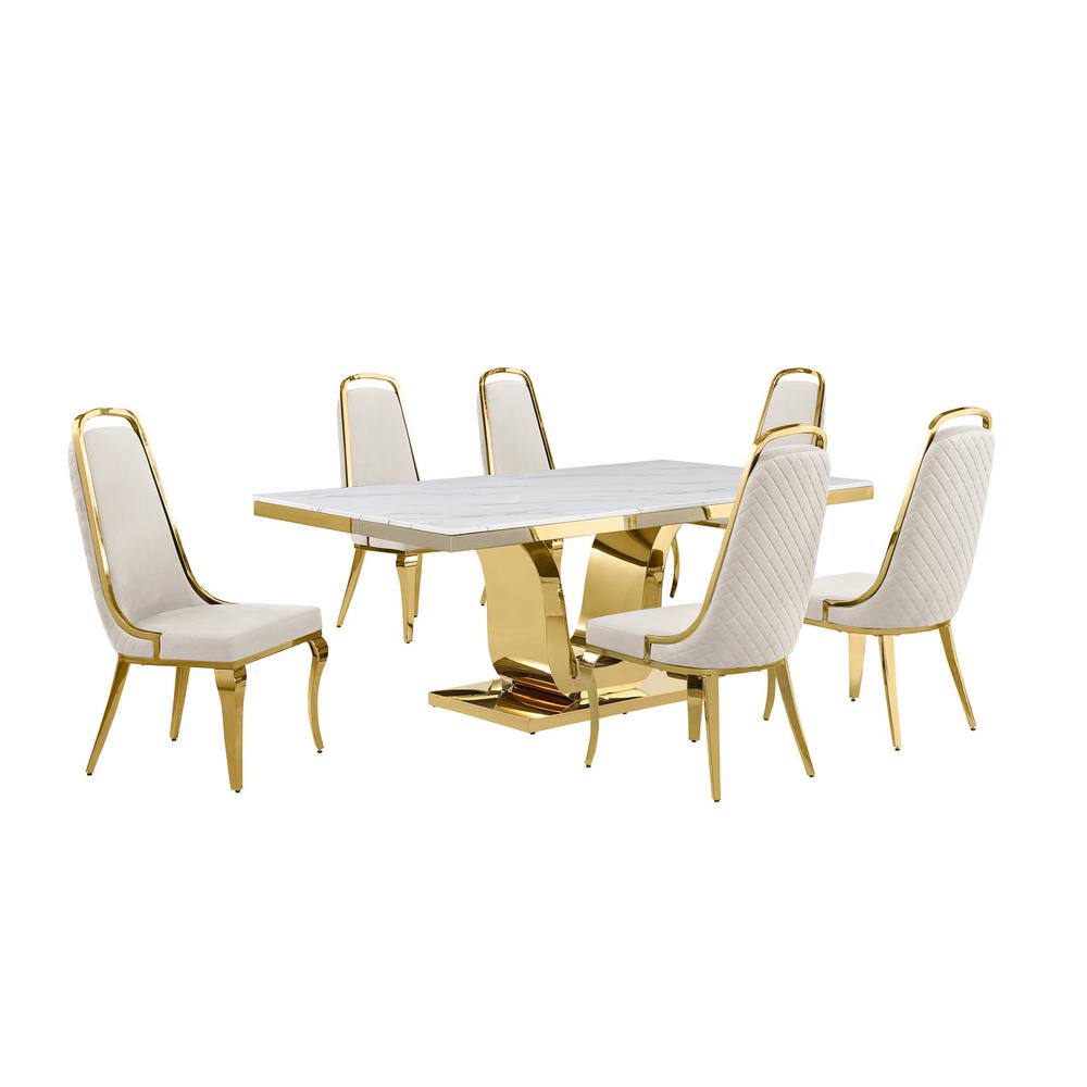 7pc Large(76″) marble top dining set with gold base and 6 Cream side chairs