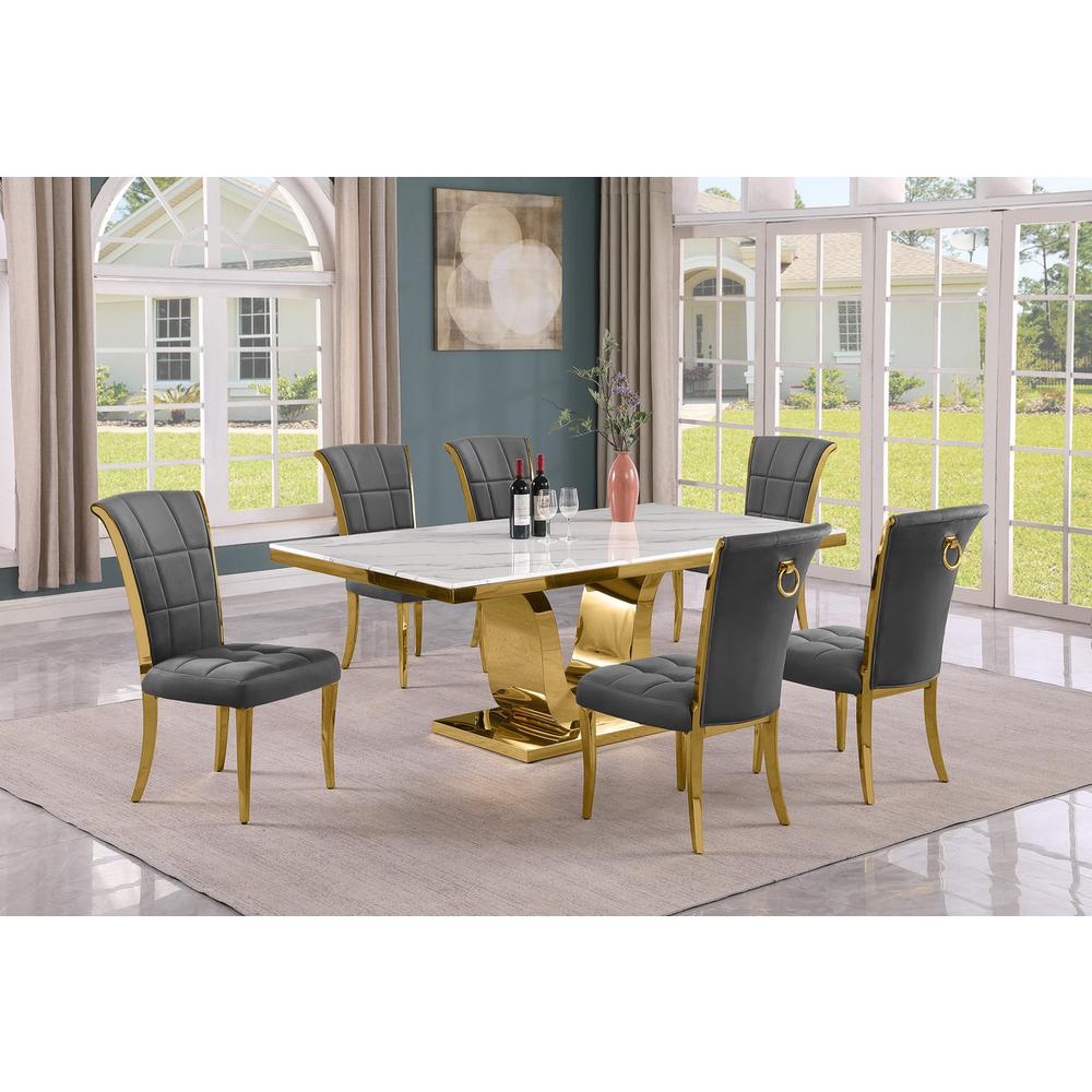 7pc Large(76″) marble top dining set with gold base and 6 Dark grey side chairs