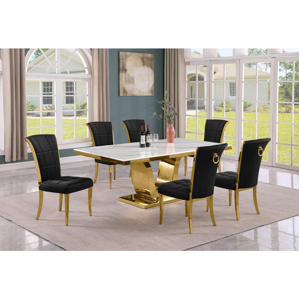7pc Large(76″) marble top dining set with gold base and 6 Black side chairs