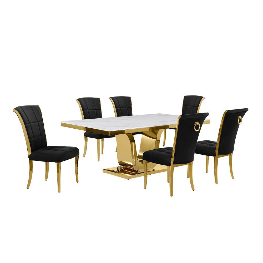 7pc Large(76″) marble top dining set with gold base and 6 Black side chairs