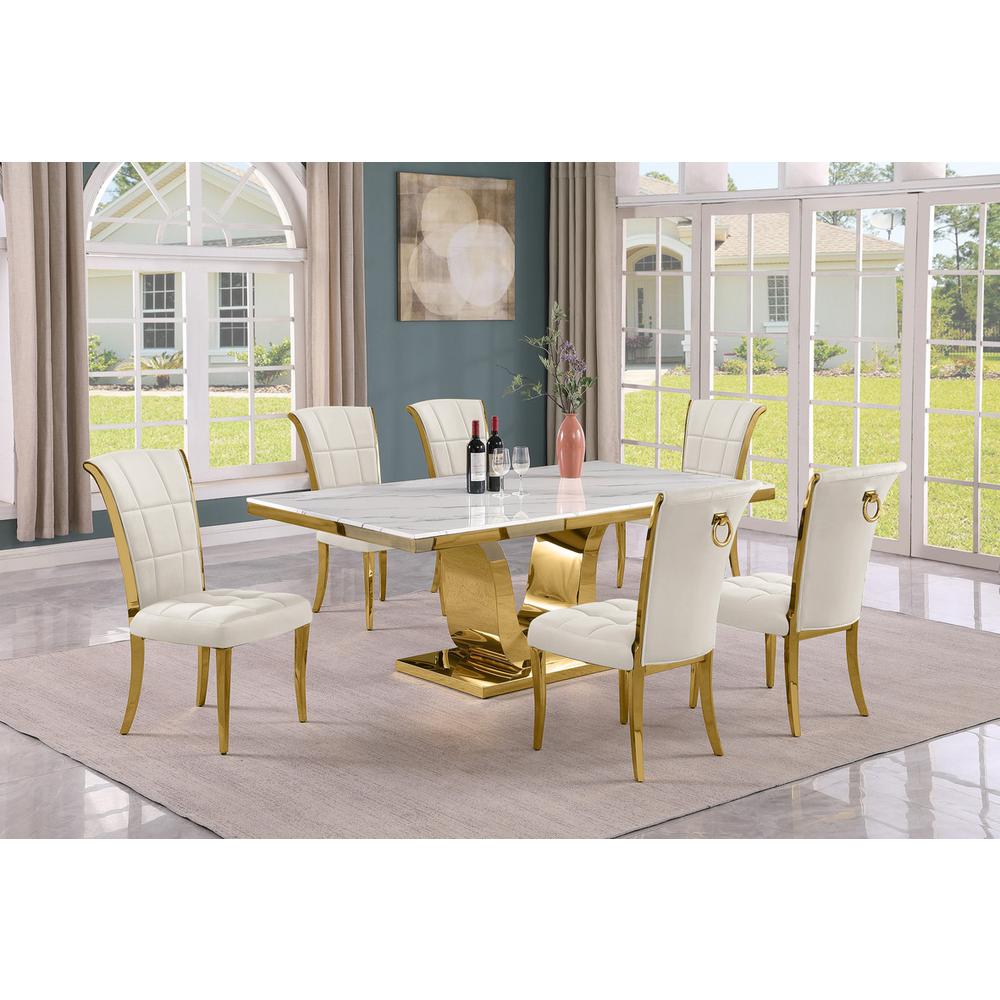 7pc Large(76″) marble top dining set with gold base and 6 Cream side chairs