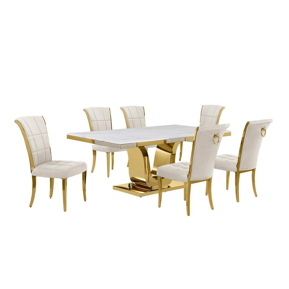 7pc Large(76″) marble top dining set with gold base and 6 Cream side chairs