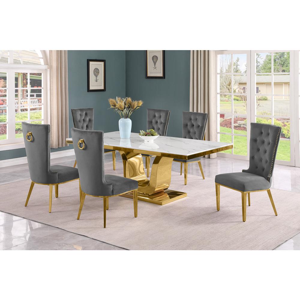 7pc Large(76″) marble top dining set with gold base and 6 Dark grey side chairs
