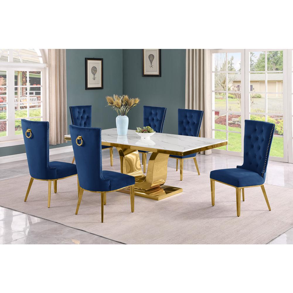 7pc Large(76″) marble top dining set with gold base and 6 Navy blue chairs