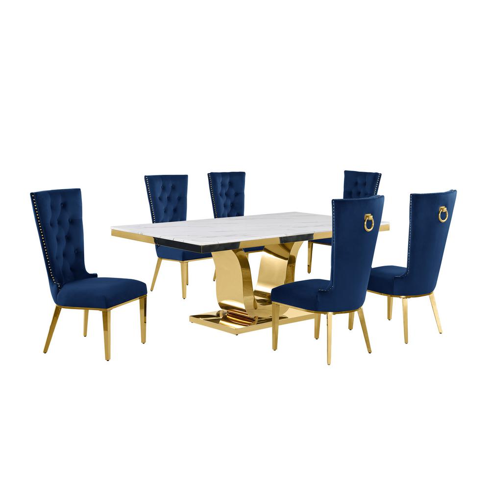 7pc Large(76″) marble top dining set with gold base and 6 Navy blue chairs