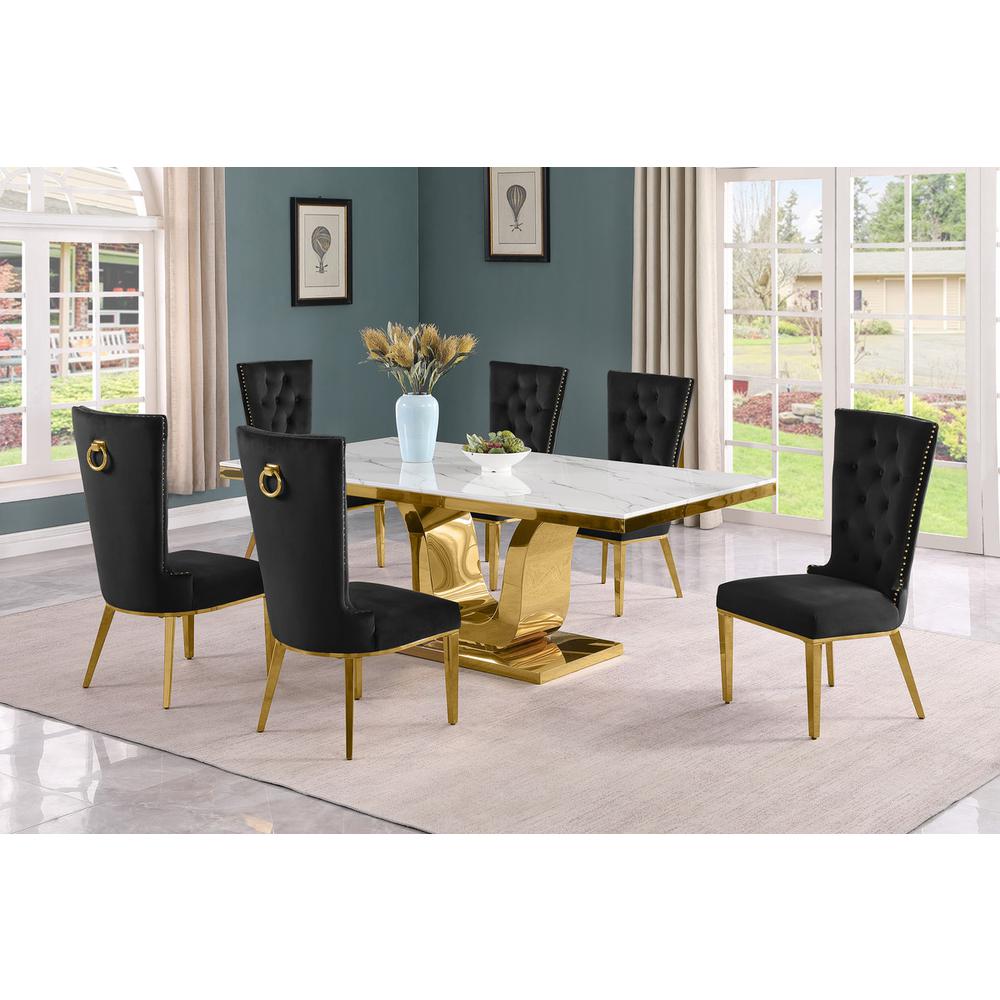 7pc Large(76″) marble top dining set with gold base and 6 Black side chairs