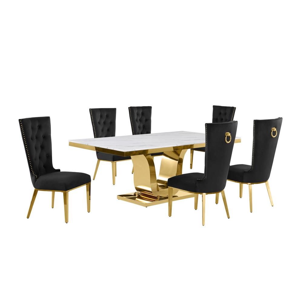 7pc Large(76″) marble top dining set with gold base and 6 Black side chairs