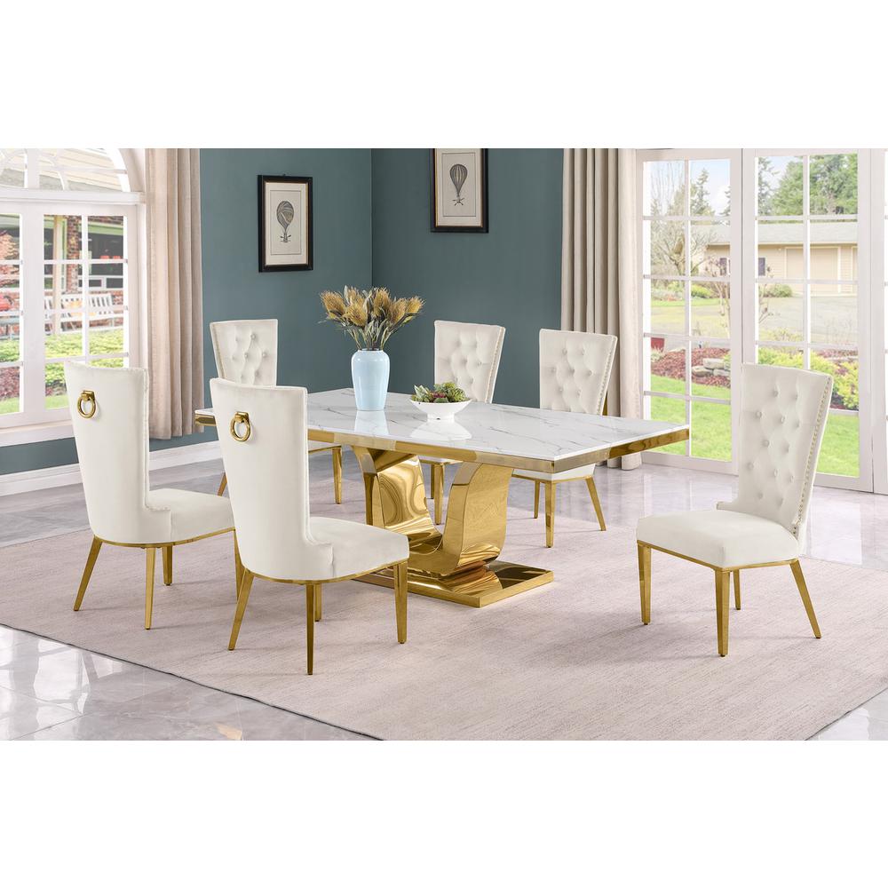 7pc Large(76″) marble top dining set with gold base and 6 Cream side chairs