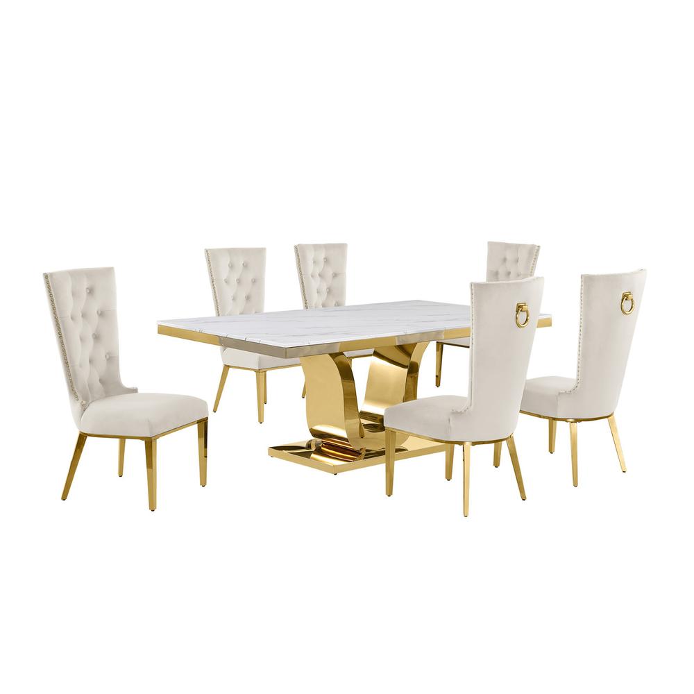 7pc Large(76″) marble top dining set with gold base and 6 Cream side chairs