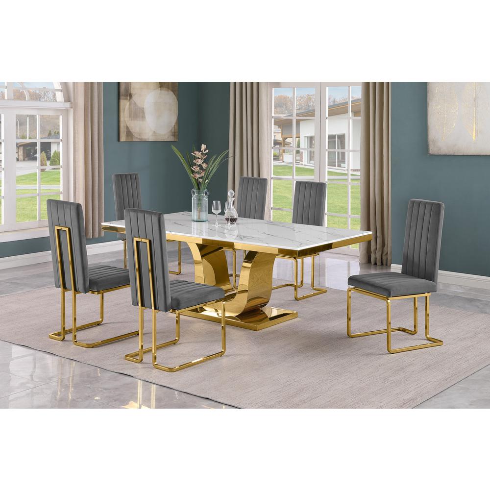 7pc Large(76″) marble top dining set with gold base and 6 Dark grey side chairs