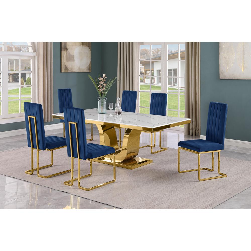 7pc Large(76″) marble top dining set with gold base and 6 Navy blue chairs