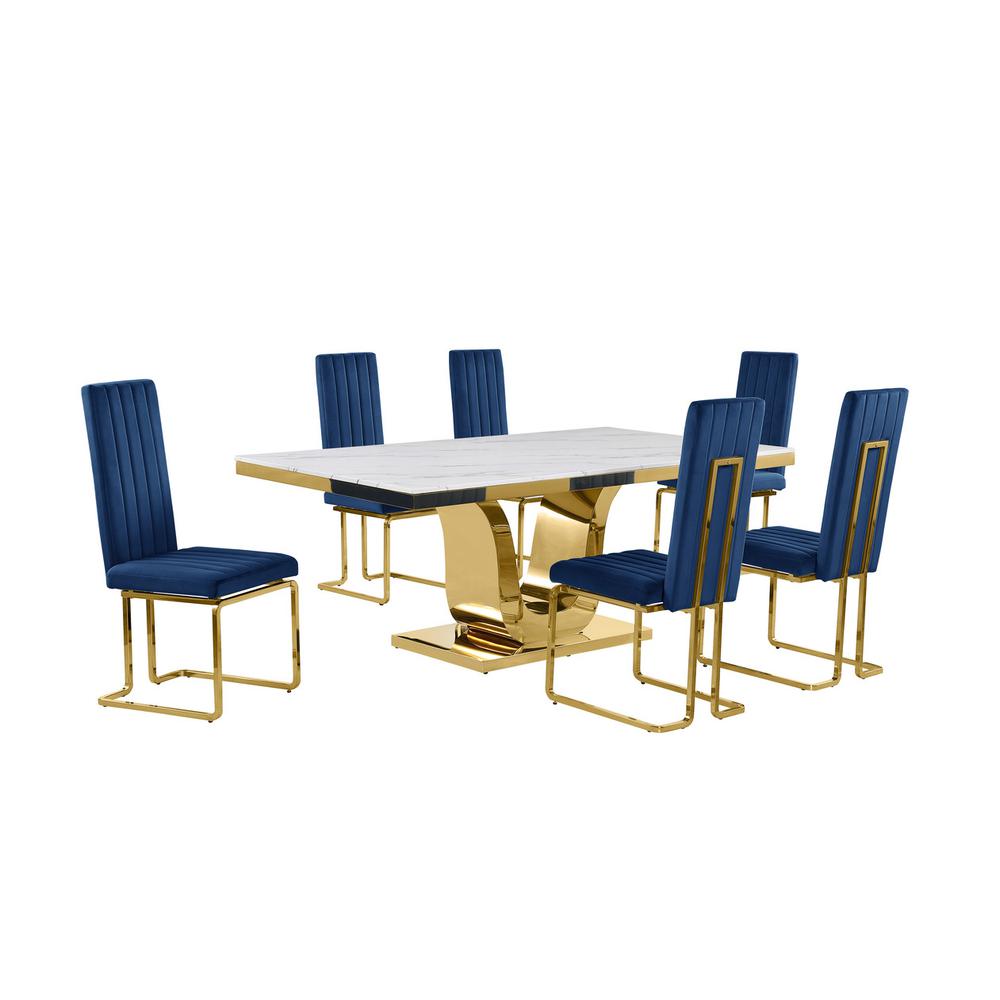 7pc Large(76″) marble top dining set with gold base and 6 Navy blue chairs