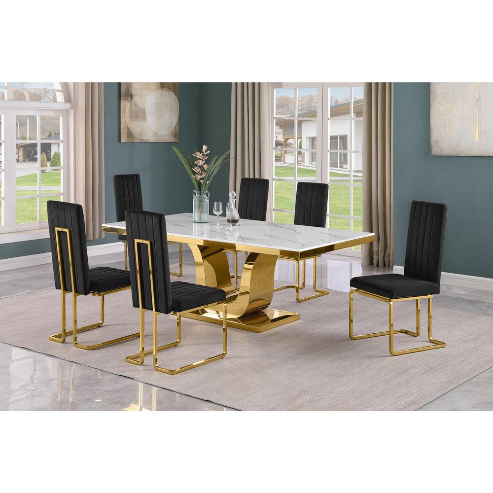7pc Large(76″) marble top dining set with gold base and 6 Black side chairs